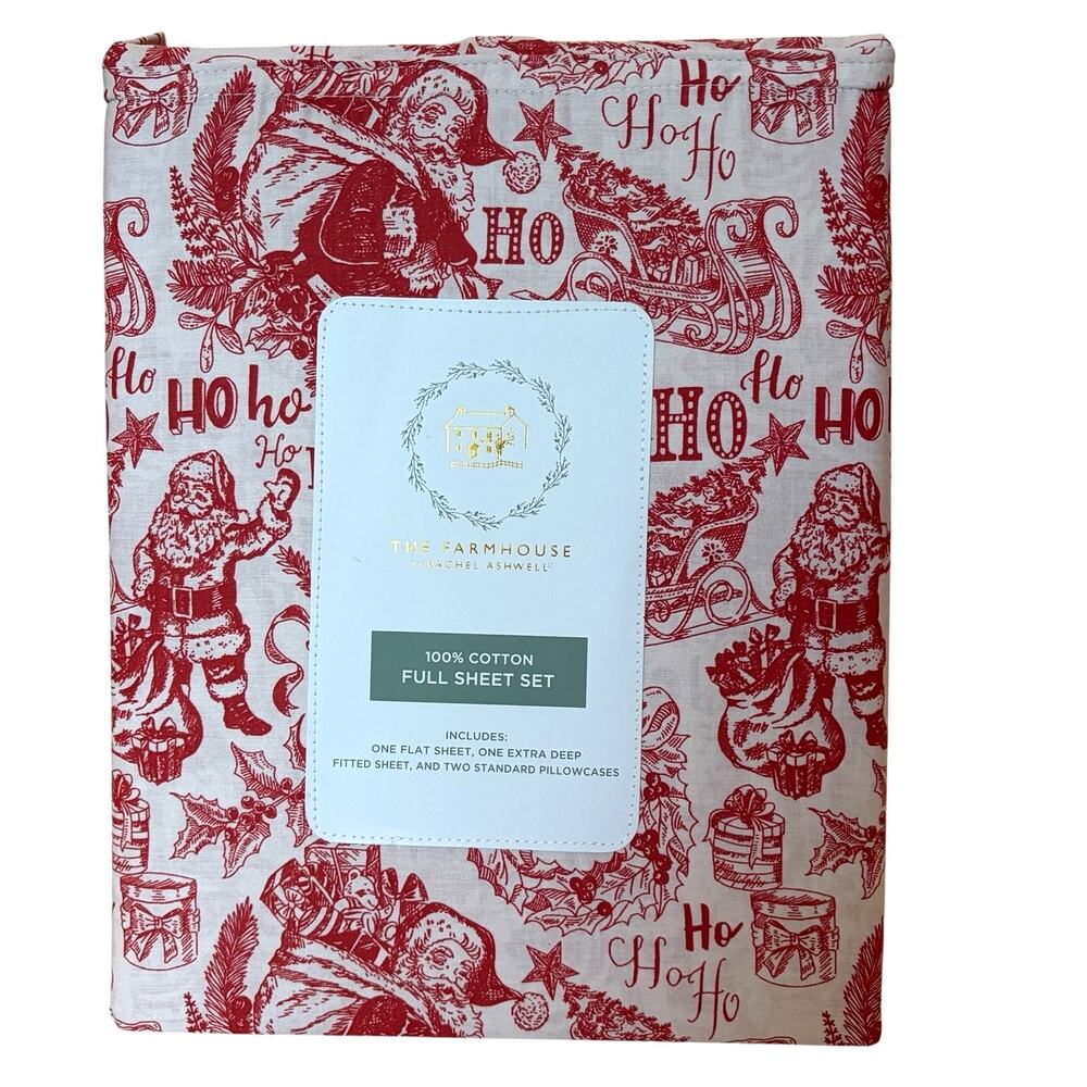 Farmhouse by Rachel Ashwell HO HO HO Santa FULL 4pc Sheet Set Cotton NEW